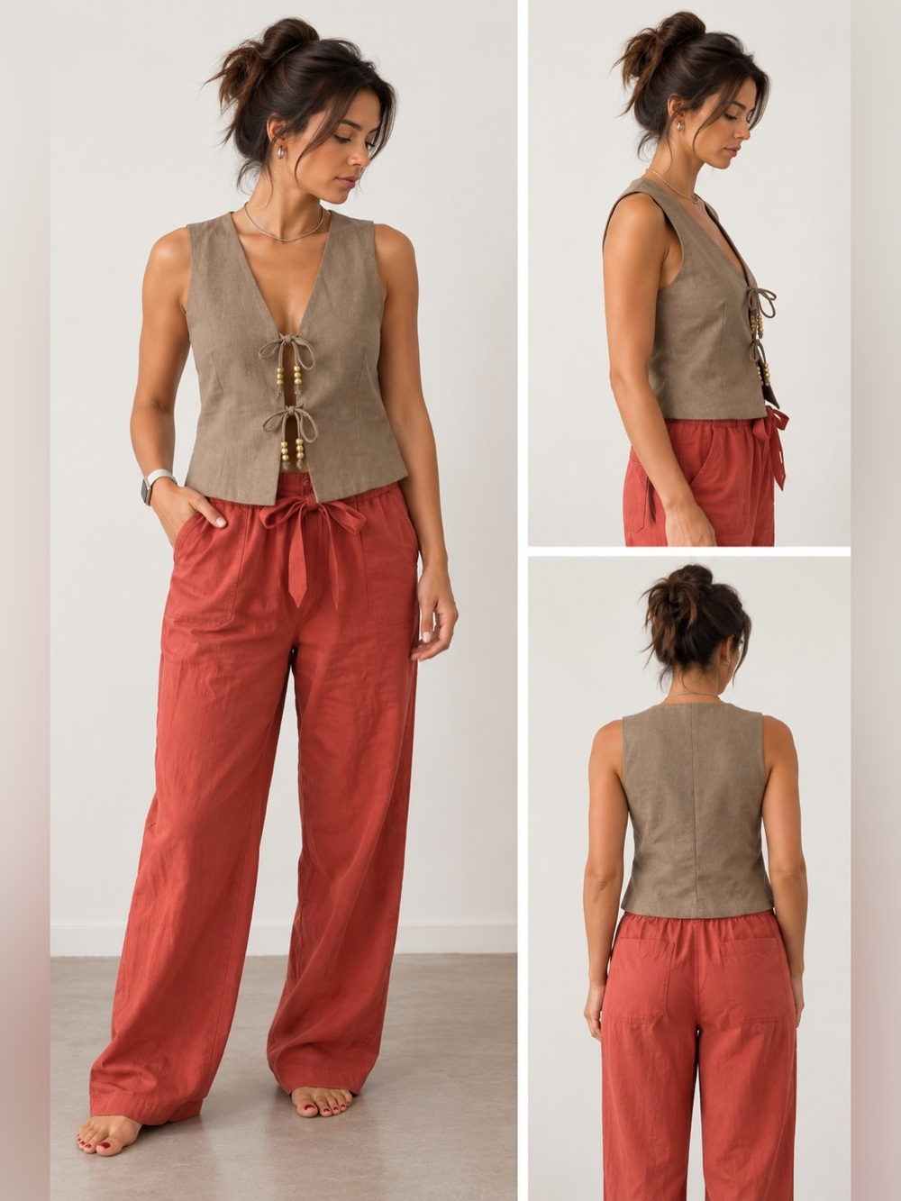 Emerson Lang Tie-Front Vest in Taupe-Large